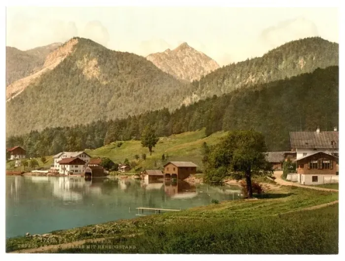 Framed Print : Urfeld on Walchensee with Herzogstand, Upper Bavaria, German Framed Print : Urfeld on Walchensee with Herzogstand, Upper Bavaria, German