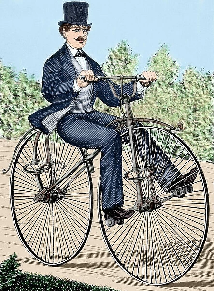 USA. Old bicycle. 19th century engraving. Colored