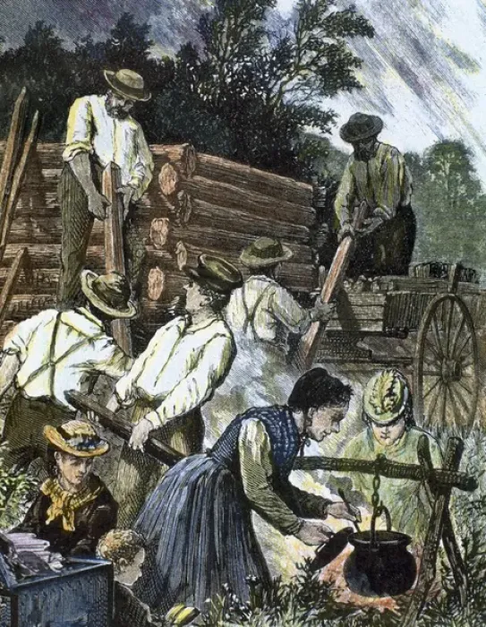 Framed Print : USA. Settlers building their homes in the West (1874) Framed Print : USA. Settlers building their homes in the West (1874)