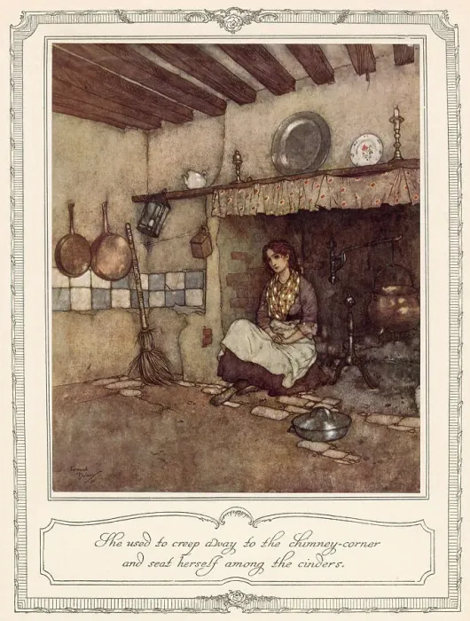 Framed Print : She used to creep away to the chimney-corner and seat herself among the cinders. Scene from Cinderella illustrated by Edmund Dulac. Date: 1911 Framed Print : She used to creep away to the chimney-corner and seat herself among the cinders. Scene from Cinderella illustrated by Edmund Dulac. Date: 1911