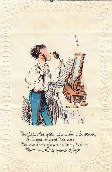 Framed Print : Vain man at a mirror on a comic greetings card Framed Print : Vain man at a mirror on a comic greetings card