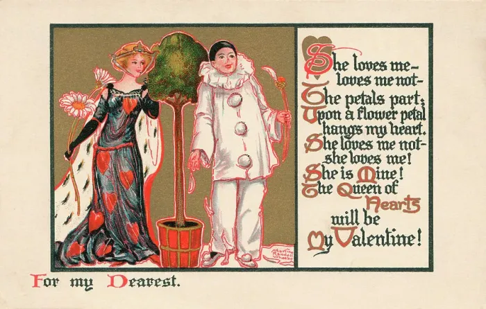 Framed Print : Valentine. A lady in a heart-motif dress, being wooed by a Pierrot