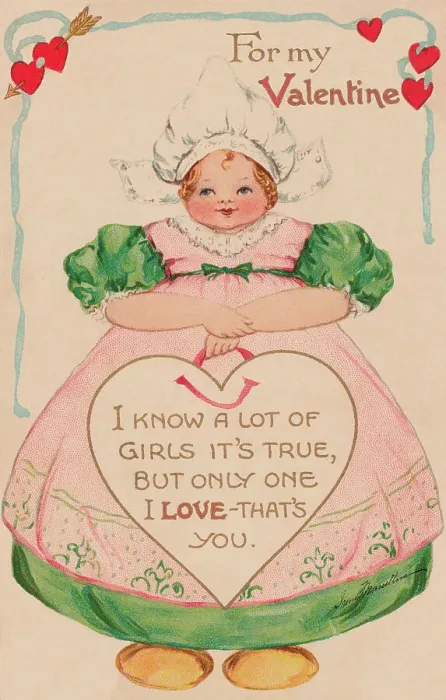 Framed Print : Valentine. Pretty Dutch girl with a Valentine message enshrined in a heart Framed Print : Valentine. Pretty Dutch girl with a Valentine message enshrined in a heart