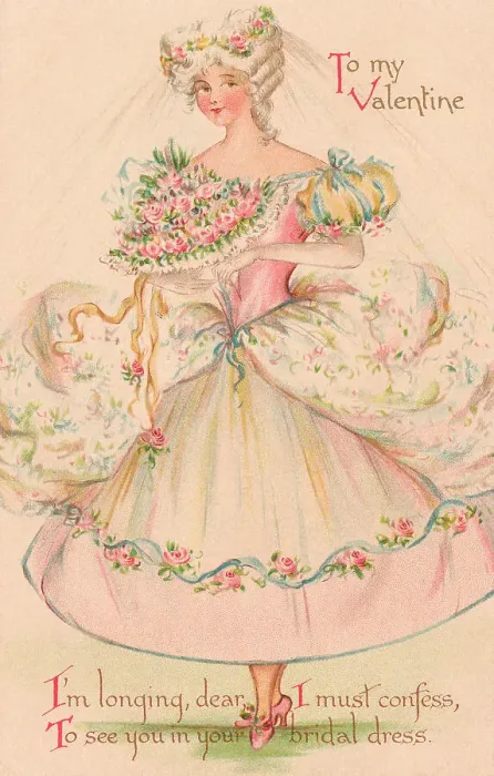 Framed Print : Valentine. Image depicting a pretty girl in a floral wedding dress. Date: circa 1906 Framed Print : Valentine. Image depicting a pretty girl in a floral wedding dress. Date: circa 1906