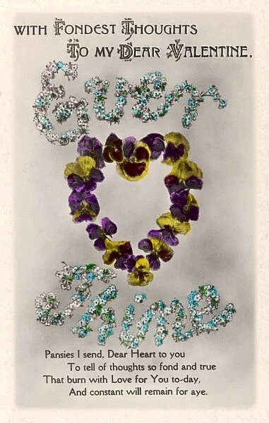 Valentine Card. Ever Thine ! a heart made of pansies to tell of thoughts so fond and true