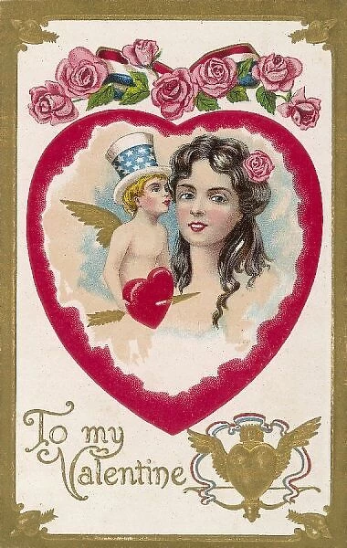 Valentine Card. Cupid in a Yankee-Doodle hat whispers in a girls ear