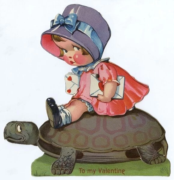 Valentines Day card - little girl on tortoise