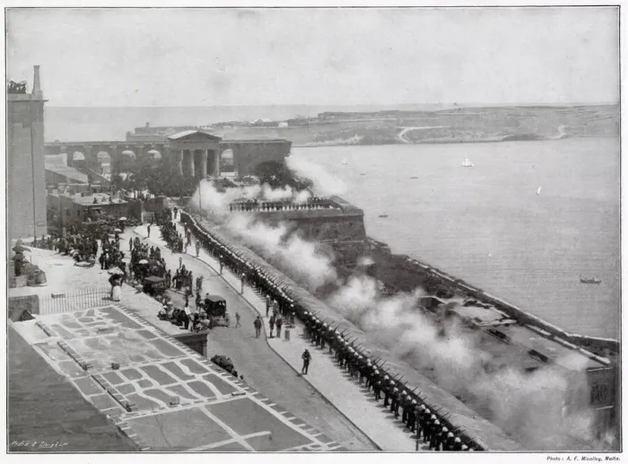 Framed Print : Valletta: feu de joie on the occasion of Victorias birthday. Date: 1897 Framed Print : Valletta: feu de joie on the occasion of Victorias birthday. Date: 1897