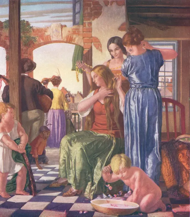 Framed Print : Vanity. A painting of a seated young lady, tweaking her long Framed Print : Vanity. A painting of a seated young lady, tweaking her long