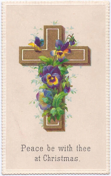 Variegated pansies and a cross on a Christmas card
