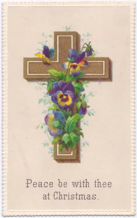 Framed Print : Variegated pansies and a cross on a Christmas card Framed Print : Variegated pansies and a cross on a Christmas card