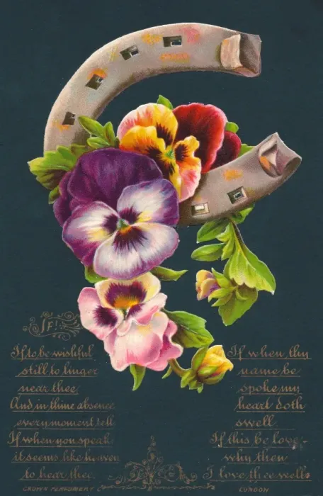 Framed Print : Variegated pansies on a romantic greetings card Framed Print : Variegated pansies on a romantic greetings card