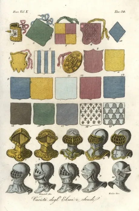 Framed Print : Variety of jousting shields and helmets Framed Print : Variety of jousting shields and helmets