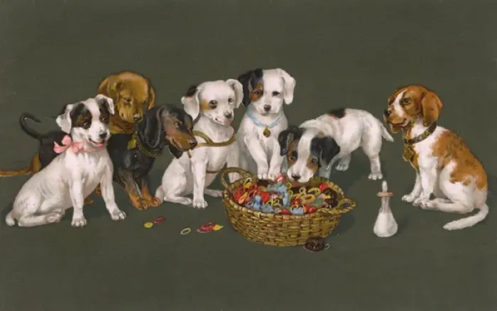 Framed Print : A variety of Puppies eyeing up a basket of threads Framed Print : A variety of Puppies eyeing up a basket of threads