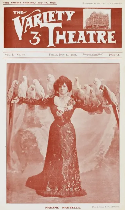 Framed Print : Variety Theatre, Madame Marzella with her birds Framed Print : Variety Theatre, Madame Marzella with her birds