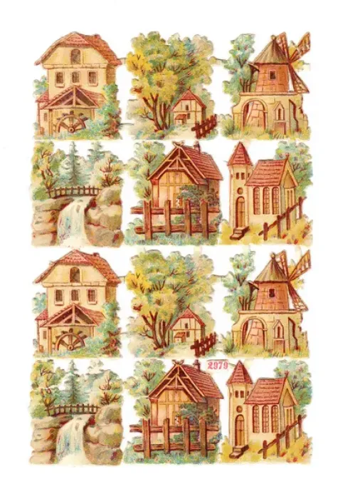 Framed Print : Various buildings and scenes on a sheet of Victorian scraps Framed Print : Various buildings and scenes on a sheet of Victorian scraps