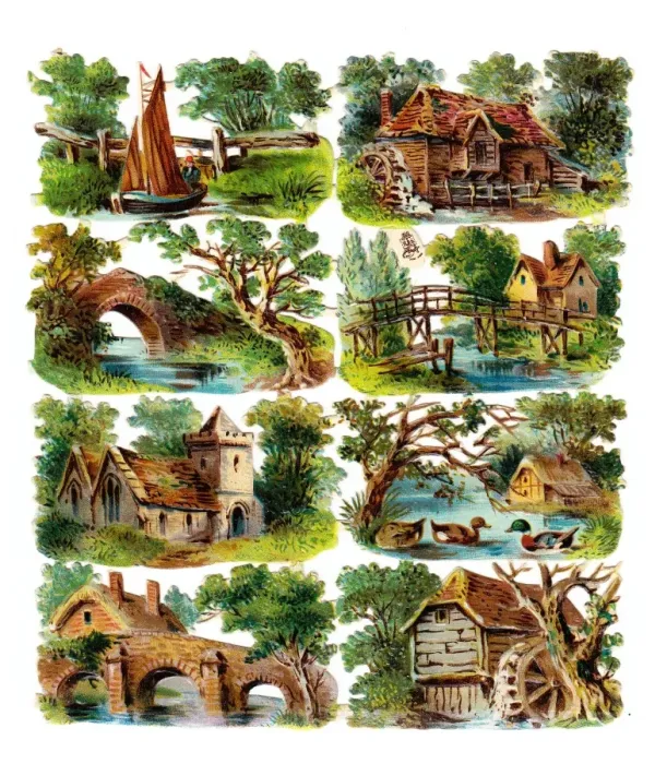 Framed Print : Various buildings and scenes on a sheet of Victorian scraps Framed Print : Various buildings and scenes on a sheet of Victorian scraps