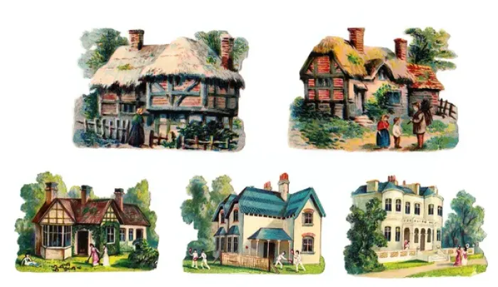 Framed Print : Various buildings on five Victorian scraps Framed Print : Various buildings on five Victorian scraps