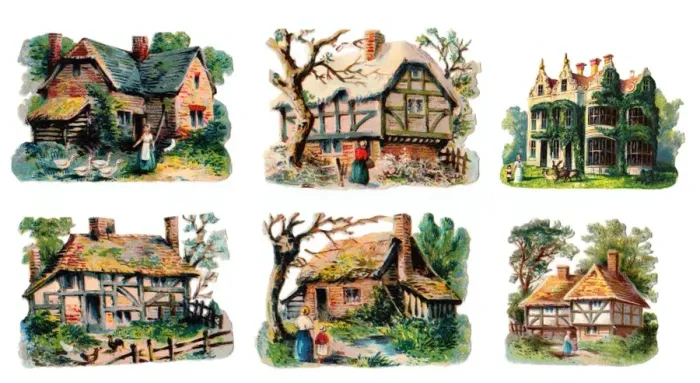 Framed Print : Various buildings on six Victorian scraps Framed Print : Various buildings on six Victorian scraps