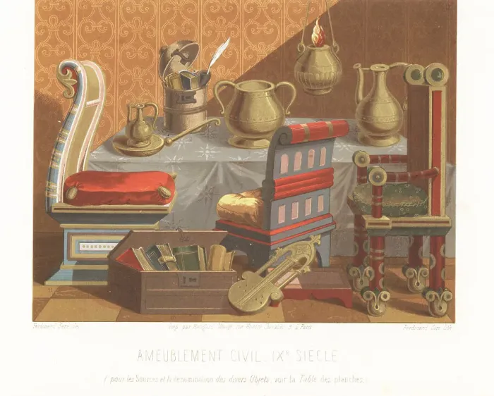 Framed Print : Various French furniture, 9th century Framed Print : Various French furniture, 9th century