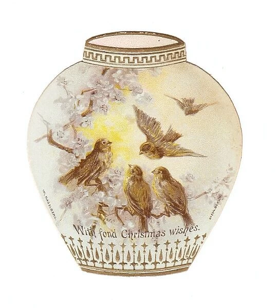Vase decorated with birds on a cutout Christmas card