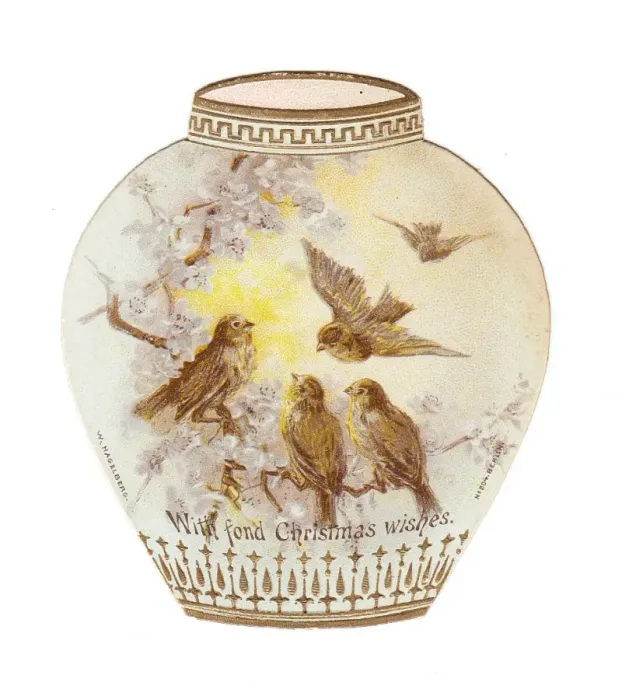 Framed Print : Vase decorated with birds on a cutout Christmas card Framed Print : Vase decorated with birds on a cutout Christmas card