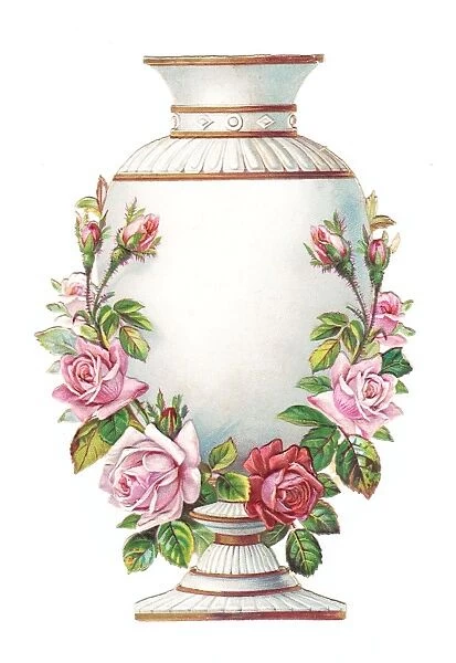 Vase decorated with roses on a cutout greetings card