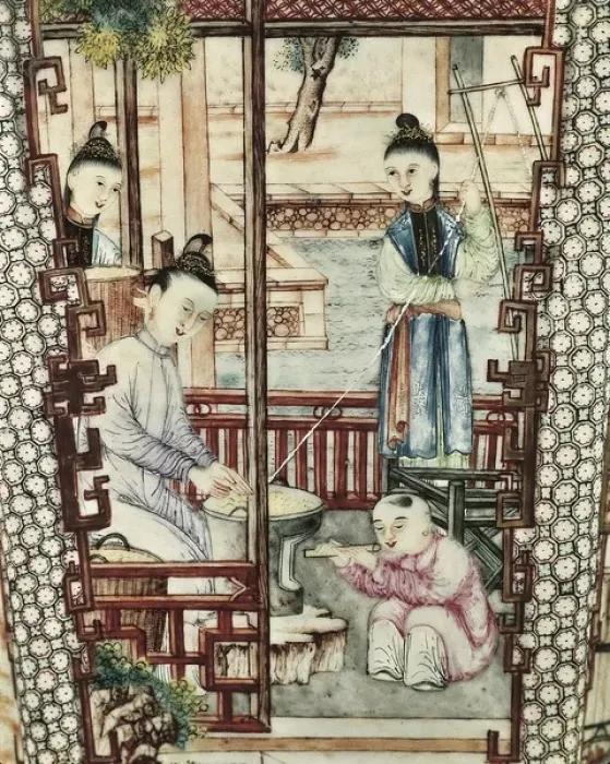 Framed Print : Detail from a vase depicting women spinning silk Framed Print : Detail from a vase depicting women spinning silk