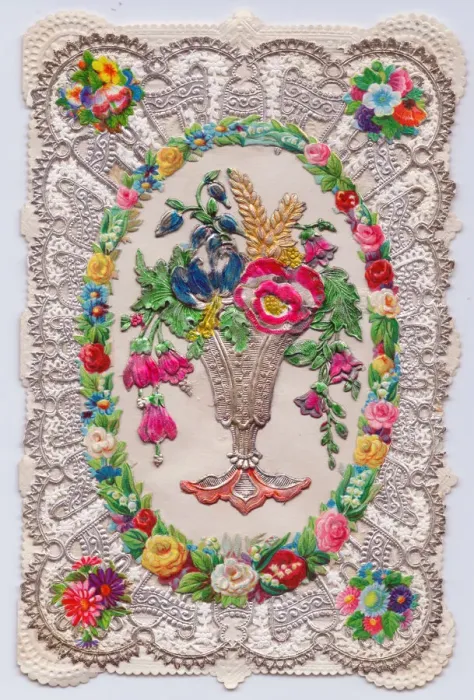 Framed Print : Vase of flowers on a paper lace greetings card Framed Print : Vase of flowers on a paper lace greetings card