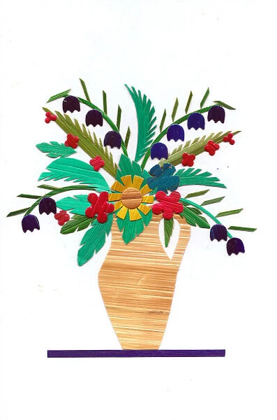 Vase of flowers made of straw on a greetings card
