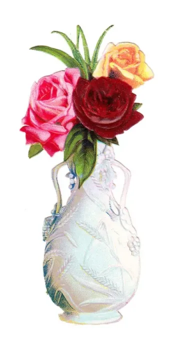 Framed Print : Vase of roses on a Victorian scrap Framed Print : Vase of roses on a Victorian scrap