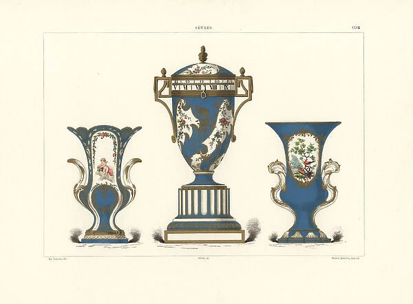 Vases in blue, white, and gold