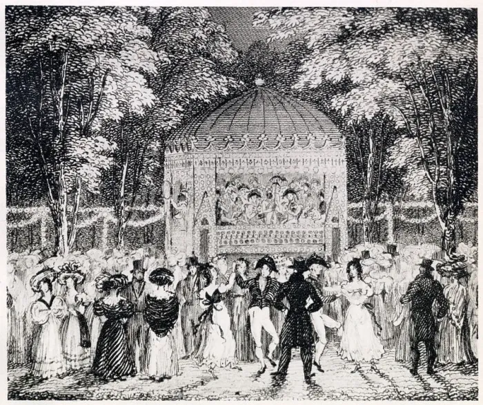 Framed Print : Vauxhall Gardens, people enjoying the music coming form the bandstand. Date: 1800 Framed Print : Vauxhall Gardens, people enjoying the music coming form the bandstand. Date: 1800