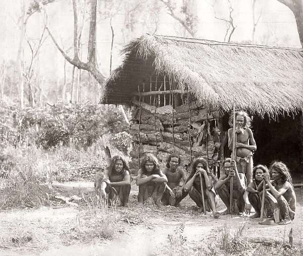 Veddahs outside a straw hut, Ceylon, Sri Lanka, c. 1880 s