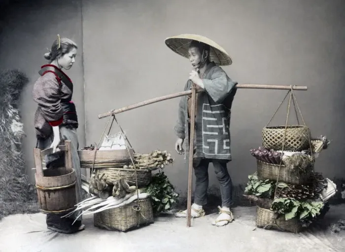 Framed Print : Vegetable seller, Japan, circa 1890. Date: circa 1890 Framed Print : Vegetable seller, Japan, circa 1890. Date: circa 1890