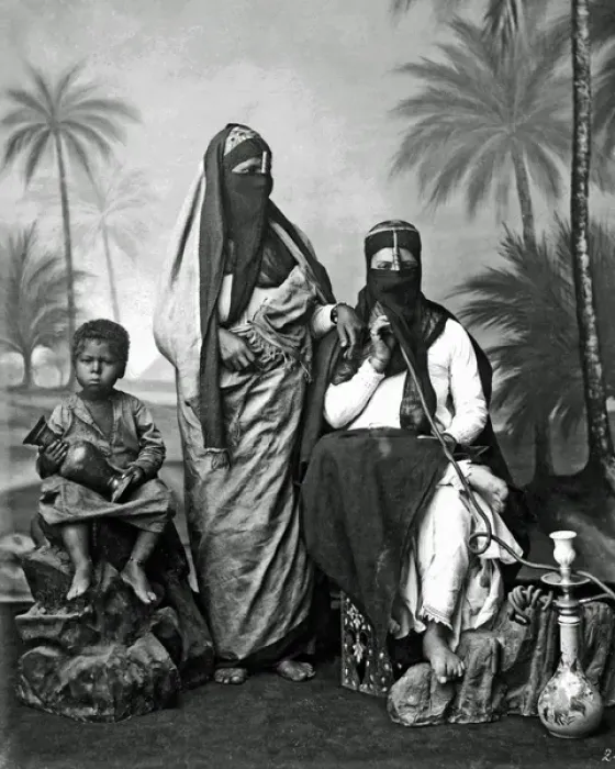 Framed Print : Veiled women and child, with hookah, Egypt Framed Print : Veiled women and child, with hookah, Egypt