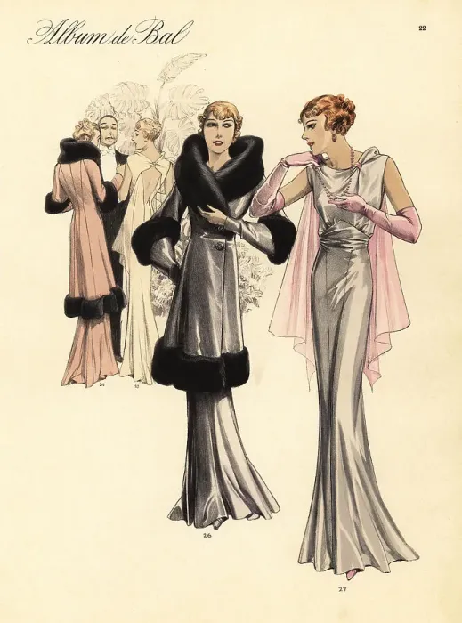 Framed Print : Velvet evening redingote and Marocain frock, 1935