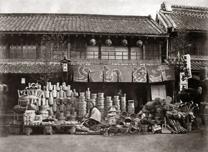 Framed Print : Vendor of pots and brooms, Japan, circa 1870s. Date: circa 1870s Framed Print : Vendor of pots and brooms, Japan, circa 1870s. Date: circa 1870s