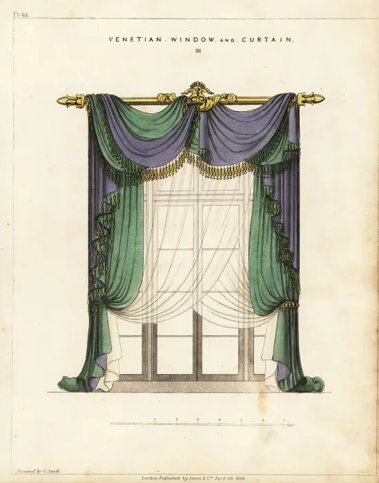 Framed Print : Venetian window and curtain, Regency style Framed Print : Venetian window and curtain, Regency style