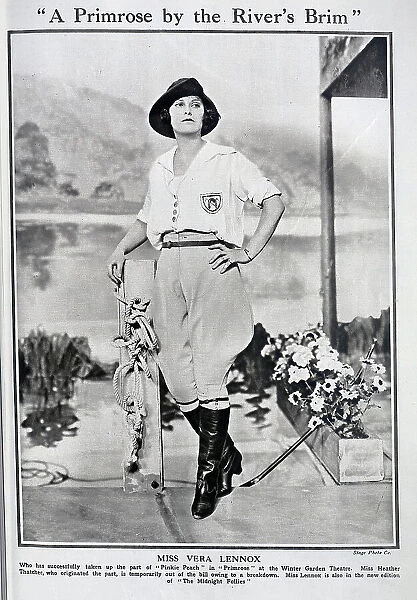 Vera Lennox, actress, (1903-1984) theatrical portrait in jodhpurs and boots. Captioned, A Primrose by the River's Brim'. Vera Lennox had recently taken on the role of Pinkie Peach in Primrose at The Winter Garden