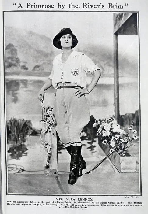Framed Print : Vera Lennox, actress, (1903-1984) theatrical portrait in jodhpurs and boots. Captioned, A Primrose by the River's Brim'. Vera Lennox had recently taken on the role of Pinkie Peach in Primrose at The Winter Garden Framed Print : Vera Lennox, actress, (1903-1984) theatrical portrait in jodhpurs and boots. Captioned, A Primrose by the River's Brim'. Vera Lennox had recently taken on the role of Pinkie Peach in Primrose at The Winter Garden
