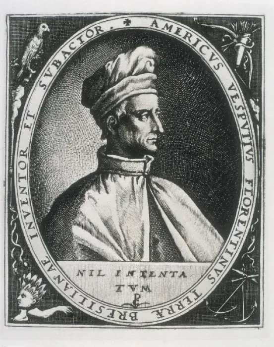 Framed Print : VESPUCCI, Amerigo (1454-1512). Portrait surrounded Framed Print : VESPUCCI, Amerigo (1454-1512). Portrait surrounded