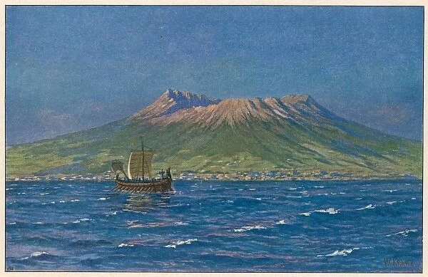Vesuvius Circa 78. A Roman galley sails past Vesuvius