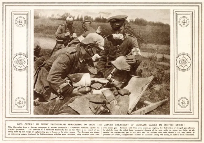 Framed Print : Victims of an alleged British gas attack are treated by German medics. Date: 1915 Framed Print : Victims of an alleged British gas attack are treated by German medics. Date: 1915