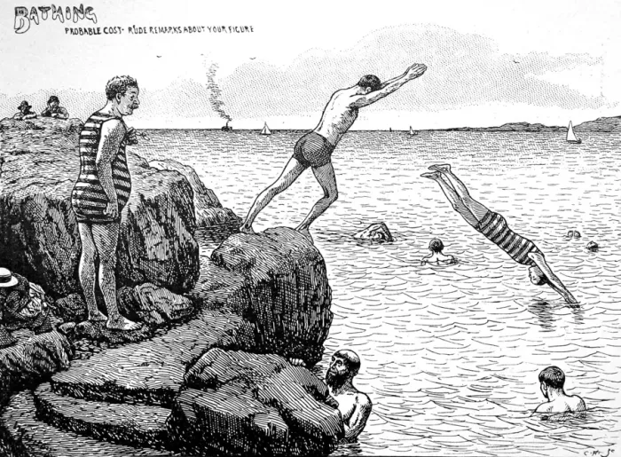 Framed Print : Victorian Bathers Diving off Rocks, 1898 Framed Print : Victorian Bathers Diving off Rocks, 1898
