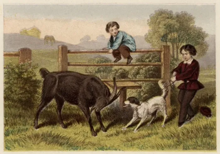 Framed Print : Two Victorian boys with dog and goat Framed Print : Two Victorian boys with dog and goat