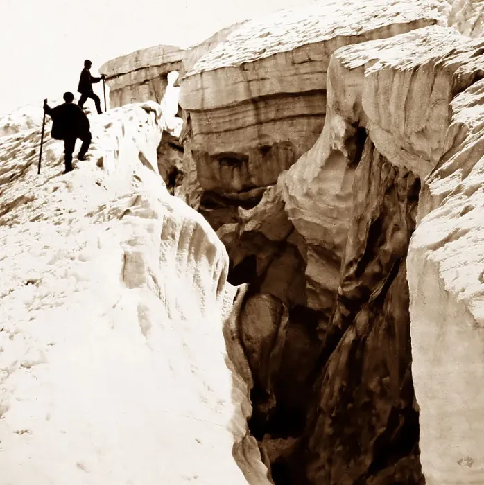 Framed Print : Victorian climbers approaching a crevasse Framed Print : Victorian climbers approaching a crevasse