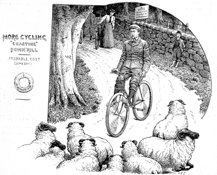 Framed Print : Victorian Cyclist encountering a flock of sheep, 1898 Framed Print : Victorian Cyclist encountering a flock of sheep, 1898