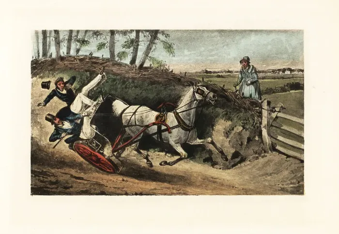 Framed Print : Victorian English gentlemen thrown from a one-horse gig on a cou Framed Print : Victorian English gentlemen thrown from a one-horse gig on a cou