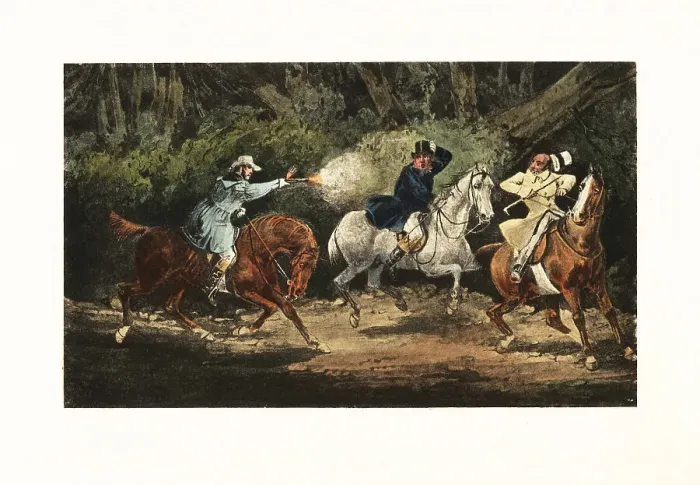 Framed Print : Victorian gentlemen held up by a highwayman in a smock coat Framed Print : Victorian gentlemen held up by a highwayman in a smock coat